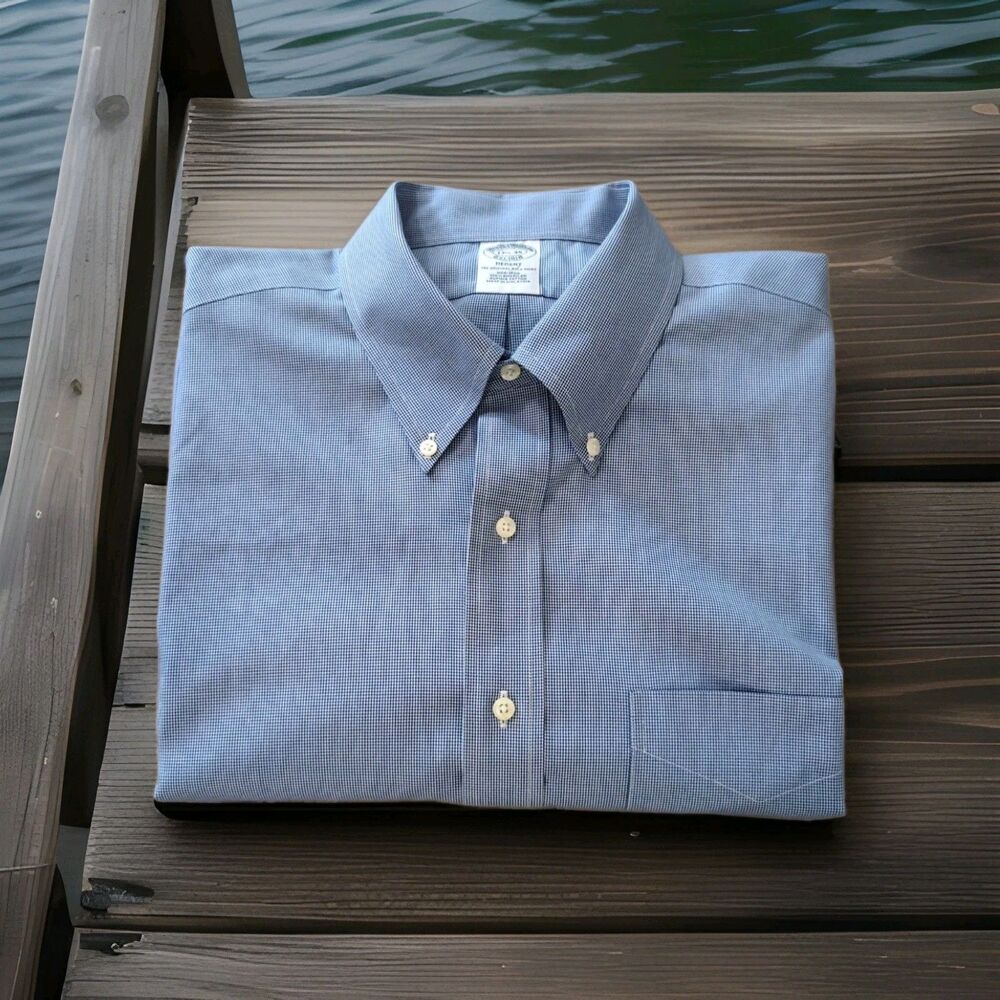 BROOKS BROTHERS REGENT CHECK DRESS SHIRT MEN'S SIZE 17 1/2-35 NO IRON BLUE EUC